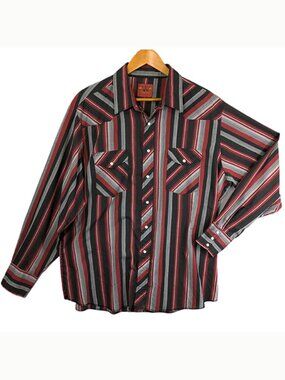 Rustler X Long Tails Shirt Mens 2XL Pearl Snap Red Black Gray Stripe‎ Western